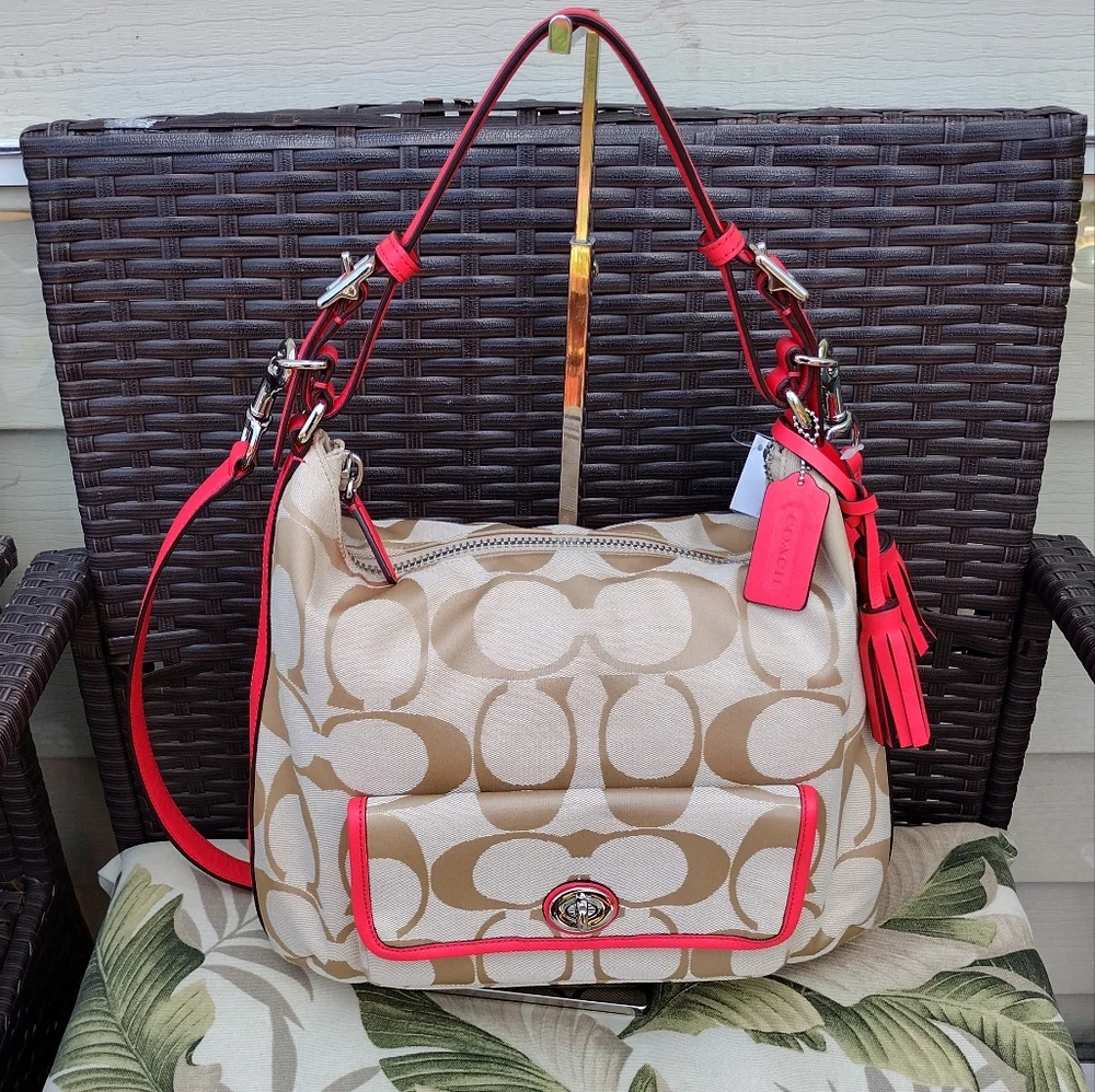 NWT Coach Legacy Signature Courtney Hobo Bag Khaki and Coral Style #22392